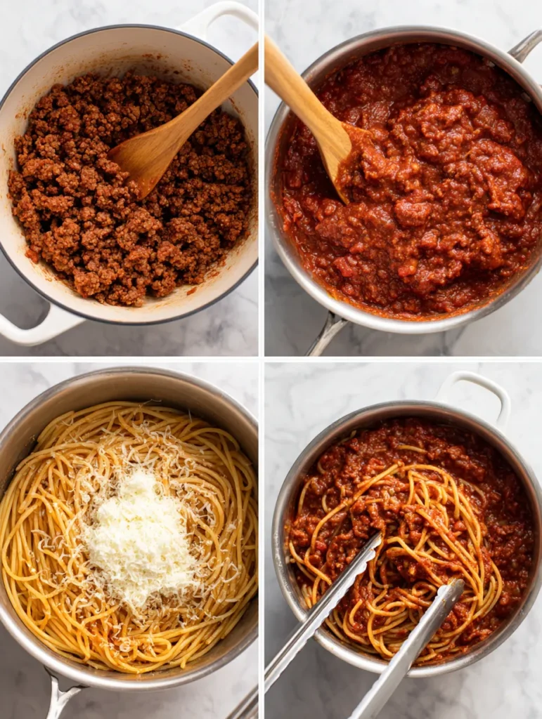 A four-panel collage illustrating the steps to make spaghetti bolognese: browning ground meat, simmering red meat sauce, adding cheese to pasta, and combining sauce with pasta.