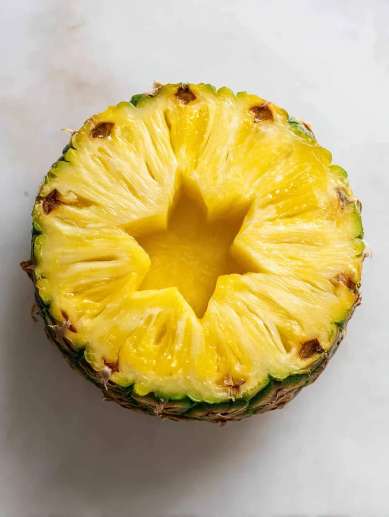 A vibrant yellow pineapple slice with a star-shaped cookie cutter pressed into its core, lying on a white surface.