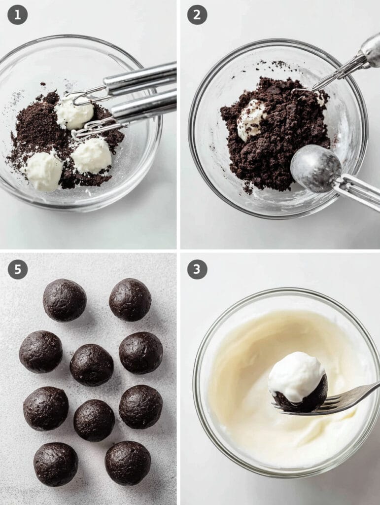 A four-panel image showing the steps to make cookie balls: mixing ingredients, scooping dough, forming balls, and dipping in white chocolate.
