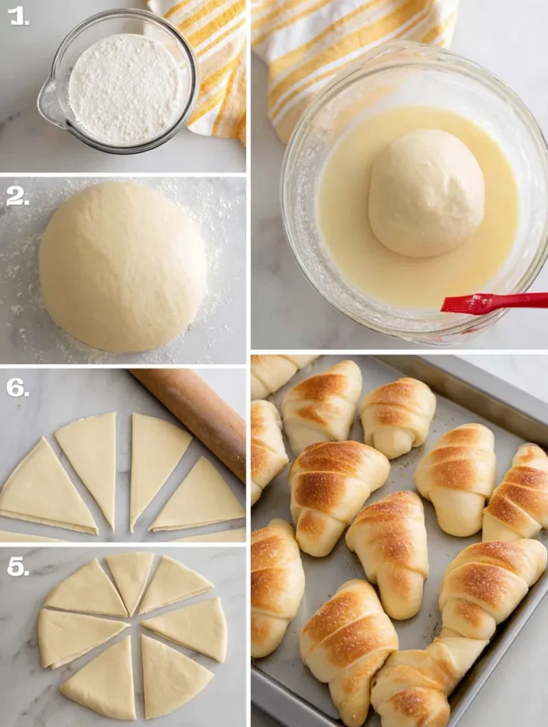A six-panel image showing the steps to make crescent rolls, from proofing yeast to golden baked rolls.