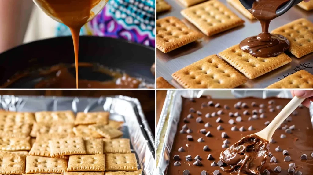 A four-panel image illustrating the steps to make cracker toffee: crackers on a tray, pouring caramel, caramel-covered crackers, and chocolate-covered crackers with chips.