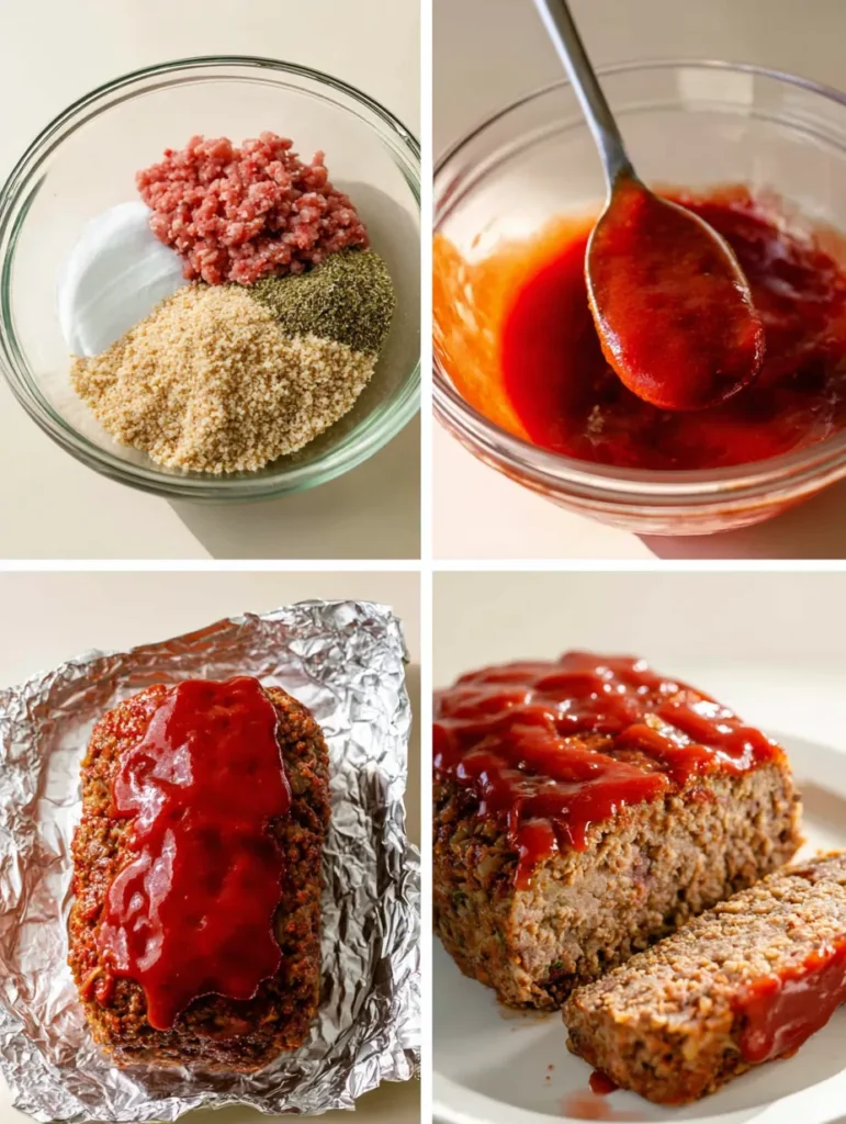 A four-panel culinary guide displaying the preparation and final serving of a delicious meatloaf, from raw ingredients to sliced portions.