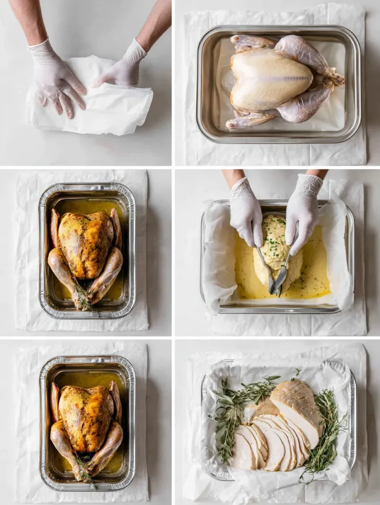Six-panel collage showing the process of preparing and carving a turkey, from raw to roasted slices.