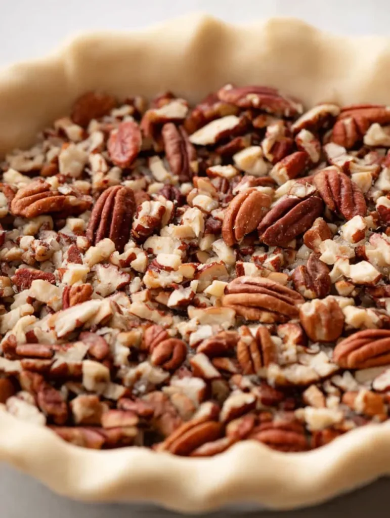 Close-up of a pie crust generously filled with numerous chopped pecans, showcasing their varied brown and beige textures.