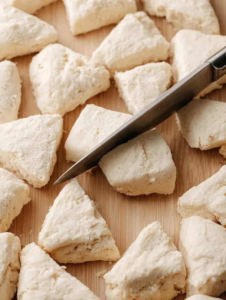 Close-up of uncooked, triangular biscuit dough pieces on a wooden cutting board with a knife.
