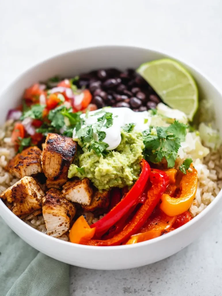 A colorful chicken burrito bowl filled with grilled chicken, brown rice, black beans, pico de gallo, guac, sour cream, peppers, and a lime.