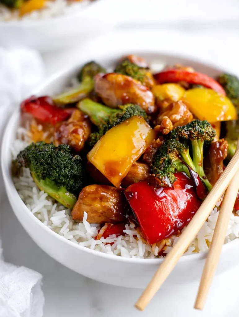 A colorful chicken and vegetable stir-fry with broccoli and bell peppers over white rice, served in a white bowl with chopsticks.