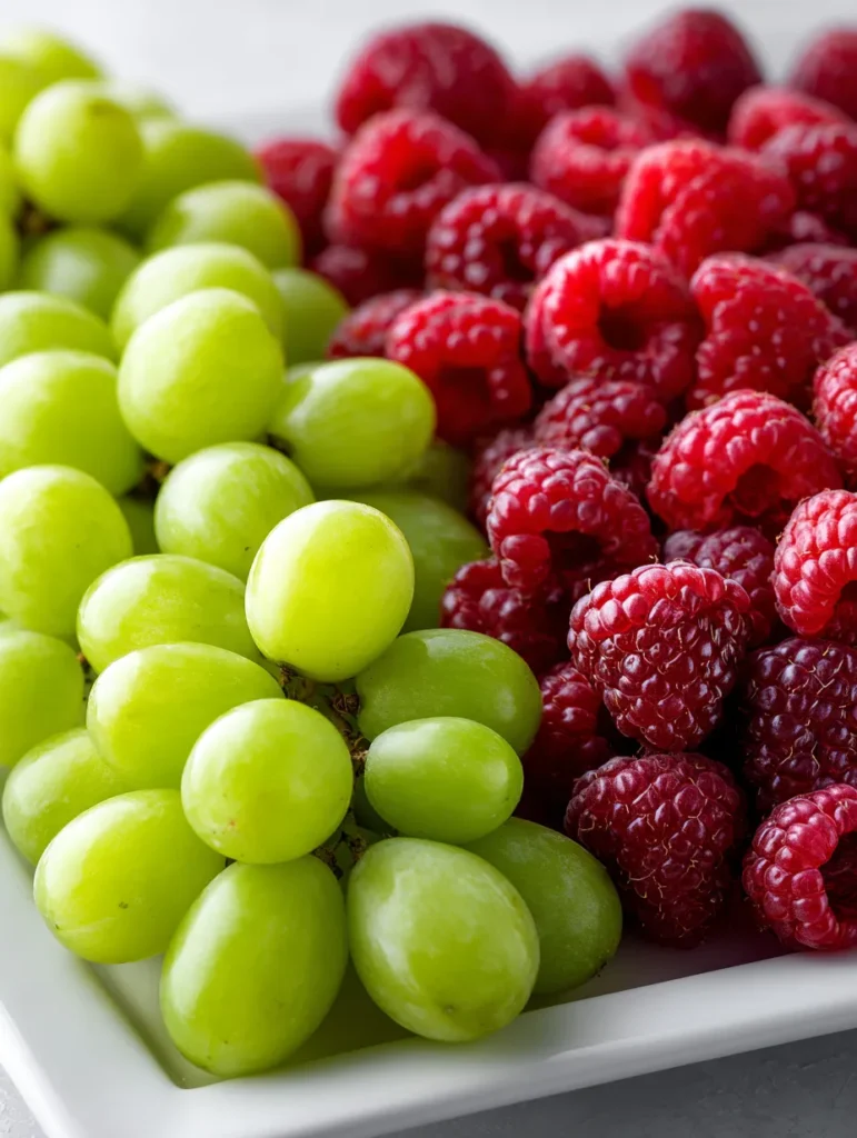 Three neat rows of fresh green grapes and red raspberries on a white platter, creating a vibrant pattern.