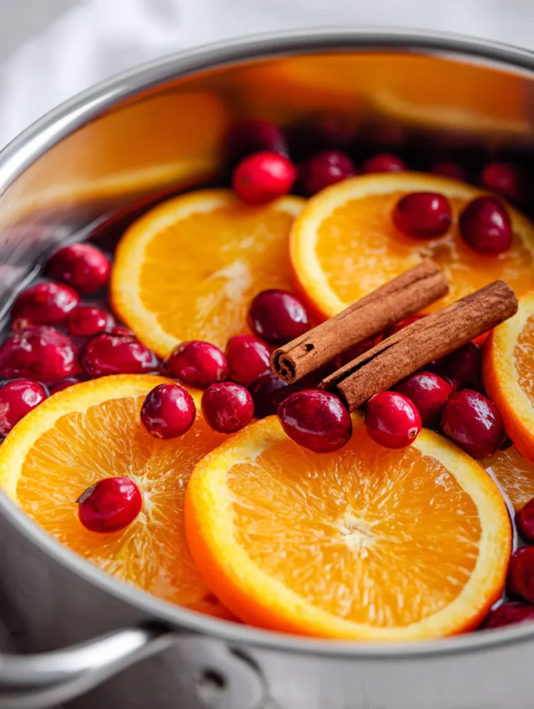 Bright close-up of orange slices, red cranberries, and cinnamon sticks in a silver pot, ready for mulling.