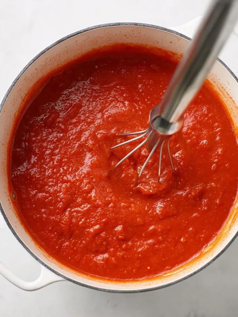Overhead view of an immersion blender in a white pot full of bright red tomato sauce, being actively blended.
