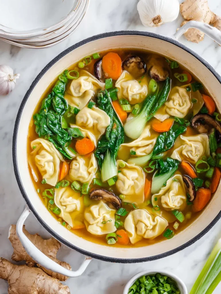 An overhead shot of a white pot filled with vibrant wonton soup, featuring wontons, bok choy, carrots, mushrooms, and scallions on a marble surface.
